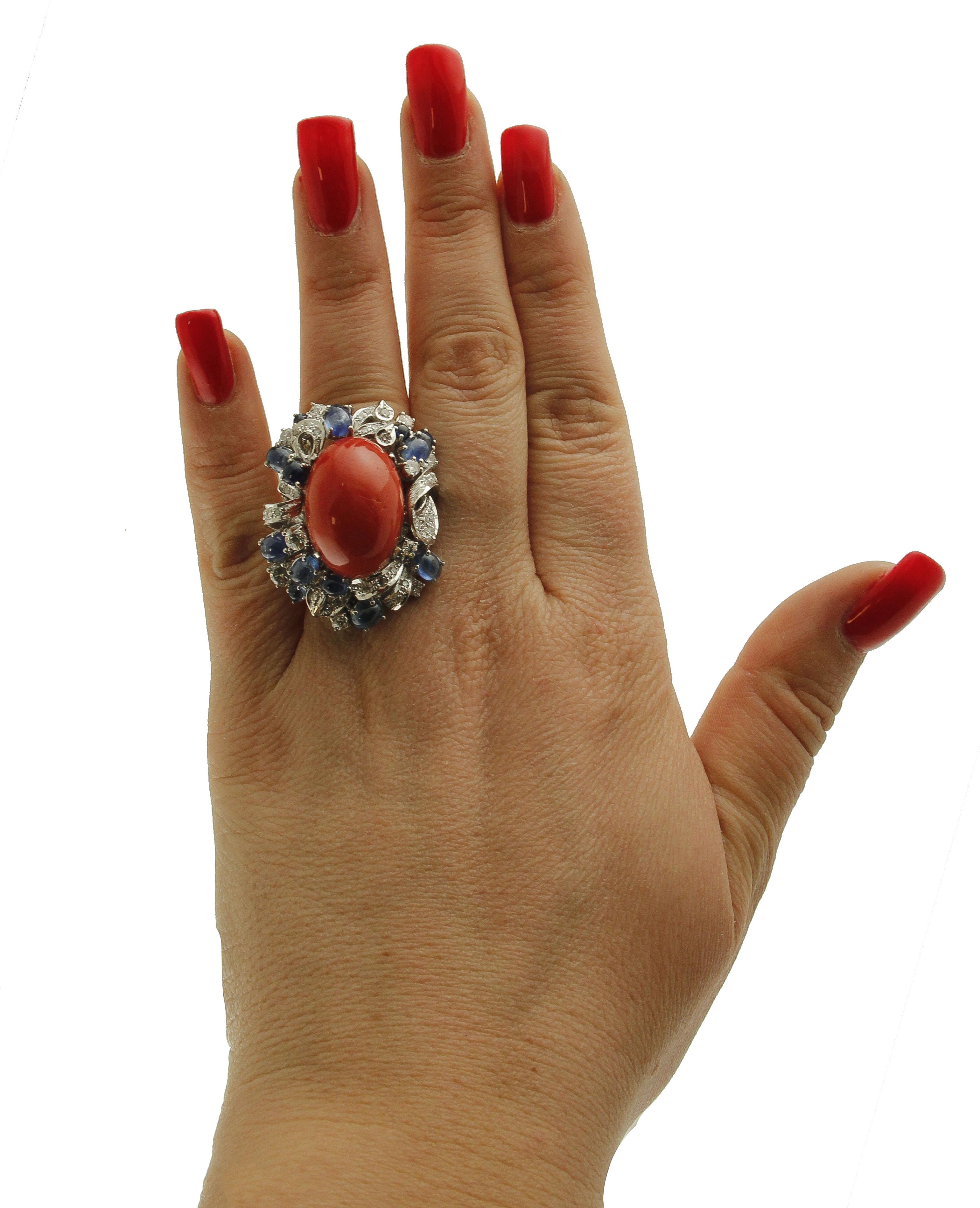 Brilliant Cut Big Central Red Coral, Diamonds, Blue Sapphires 14 Karat White Gold Ring