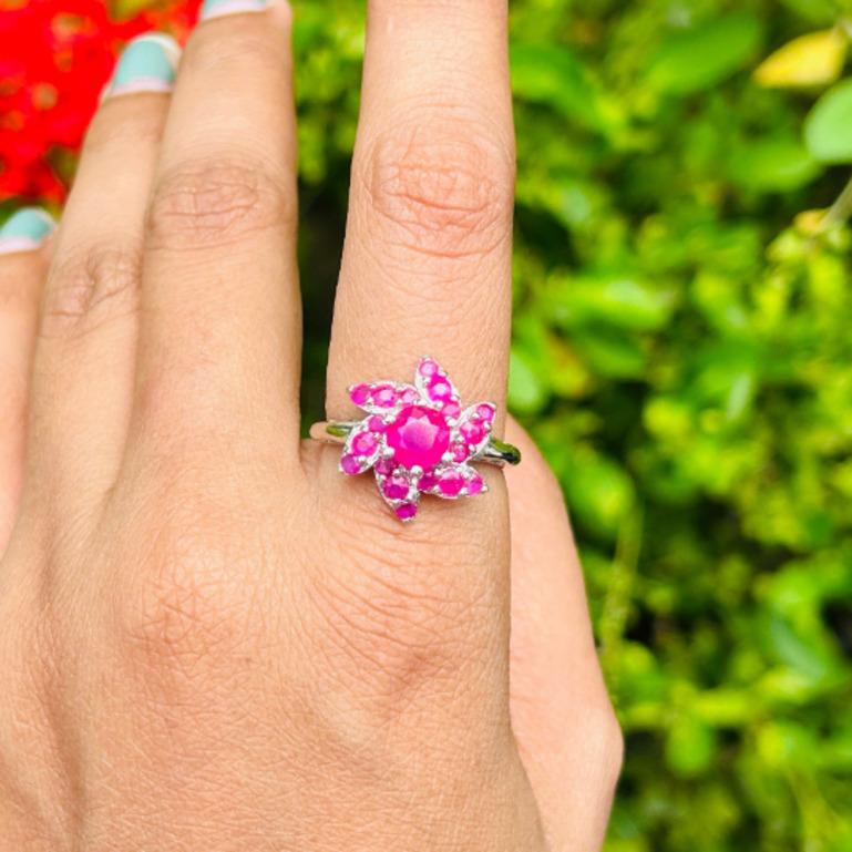 For Sale:  Big Ruby Studded Flower Ring in Solid Sterling Silver for Women 5