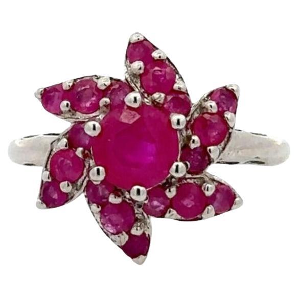 For Sale:  Big Ruby Studded Flower Ring in Solid Sterling Silver for Women