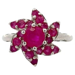 Big Ruby Studded Flower Ring in Solid Sterling Silver for Women