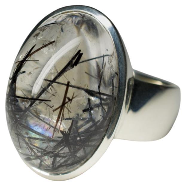 Grande anello in argento di quarzo rutilato Inclusioni di tormalina nera Gemma ovale Bigli