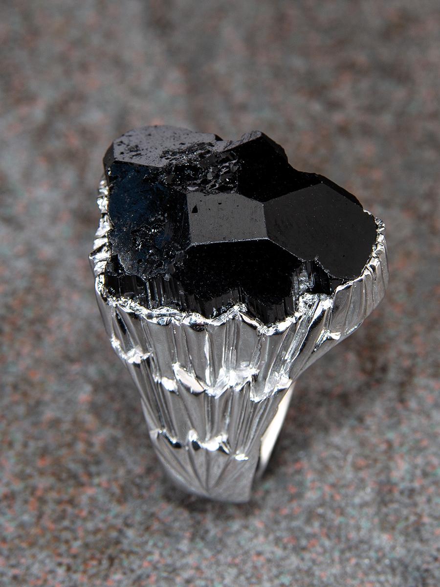Big Schorl Black Tourmaline Crystal Iceberg Ring Uncut Stone For Sale 2