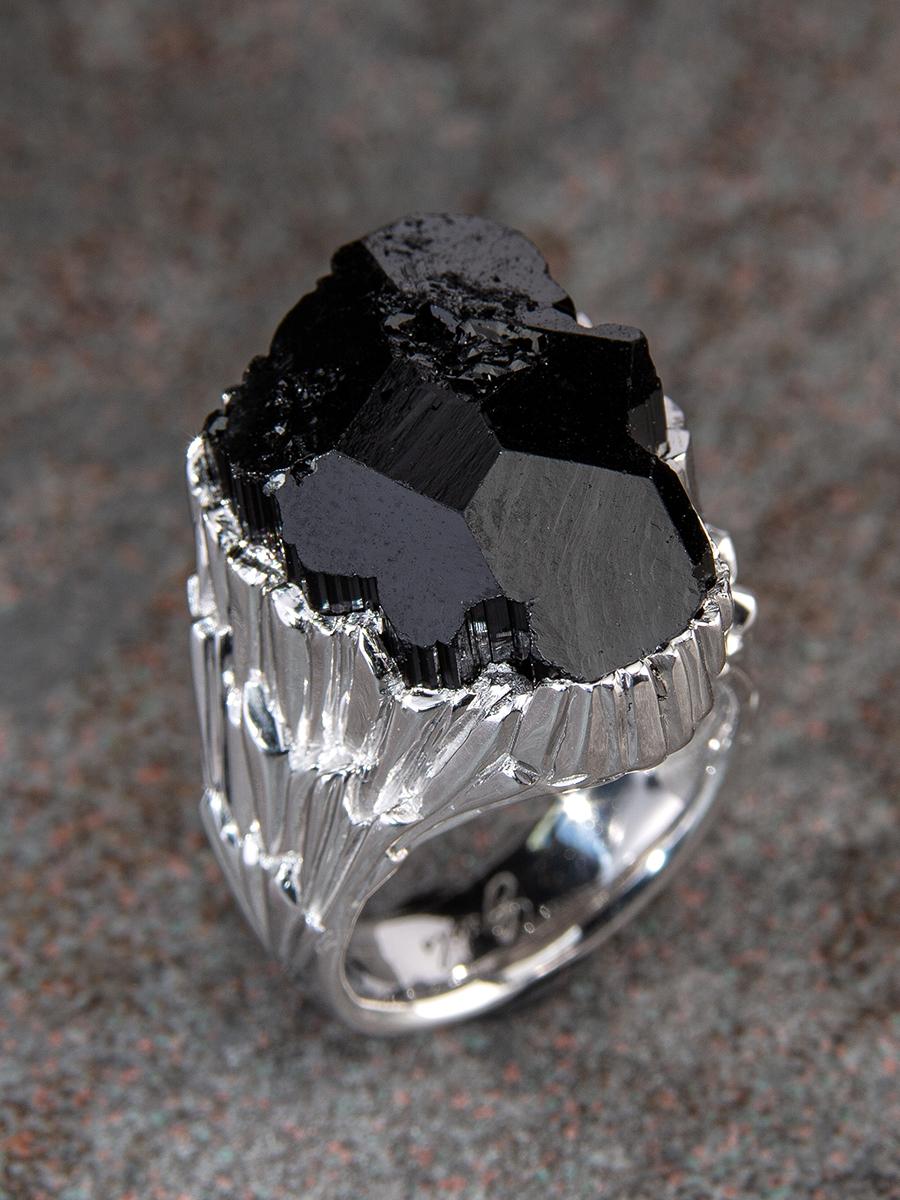 Big Schorl Black Tourmaline Crystal Iceberg Ring Uncut Stone For Sale 3
