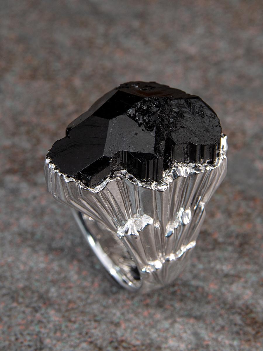 Big Schorl Black Tourmaline Crystal Iceberg Ring Uncut Stone For Sale 4