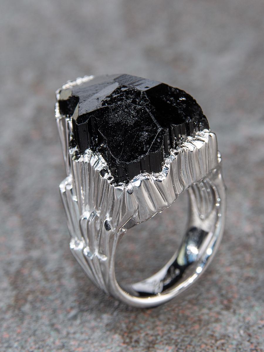 Big Schorl Black Tourmaline Crystal Iceberg Ring Uncut Stone For Sale 1
