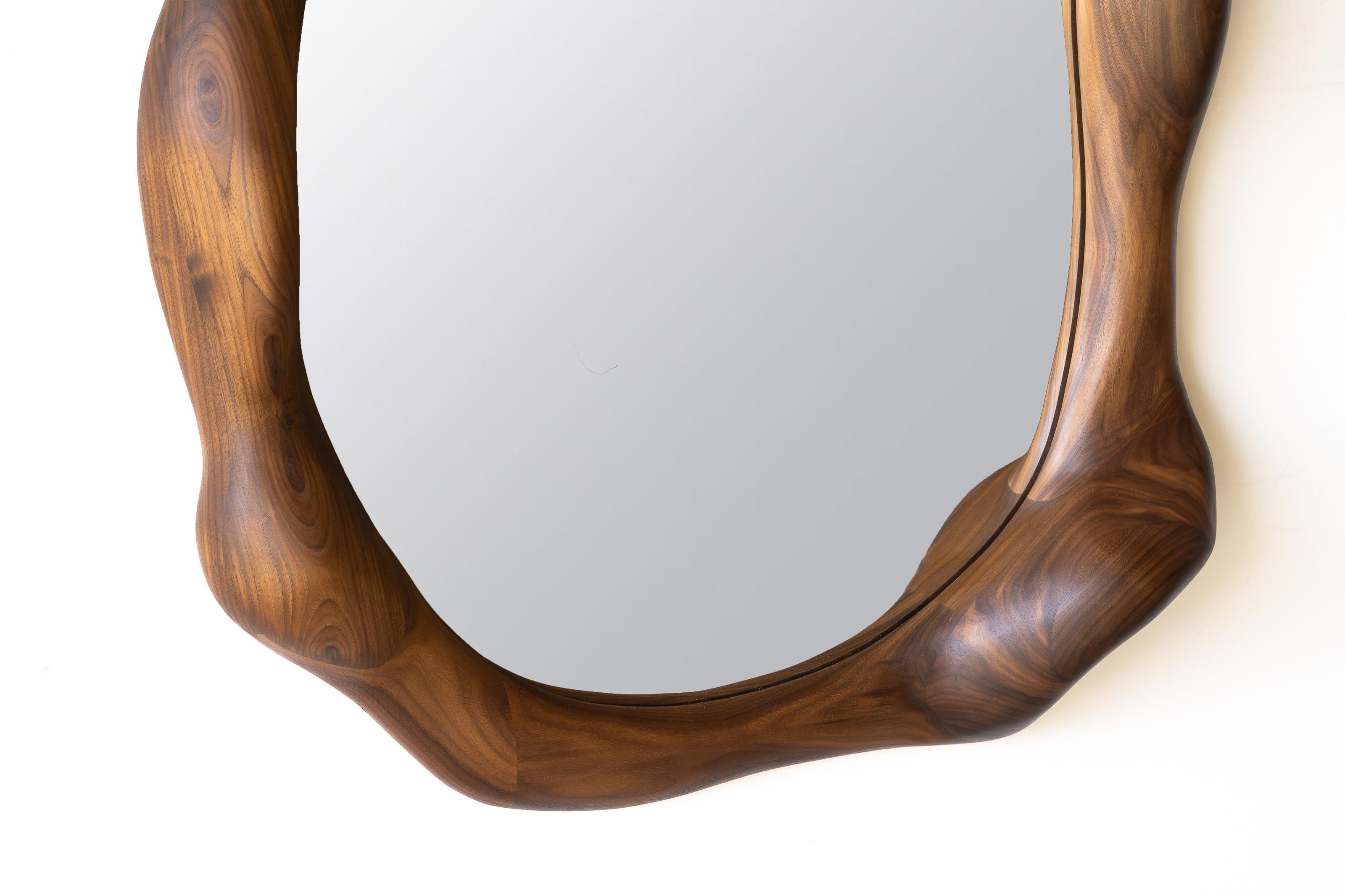 Woodwork Big Sculptural Mirror in Walnut Wood For Sale