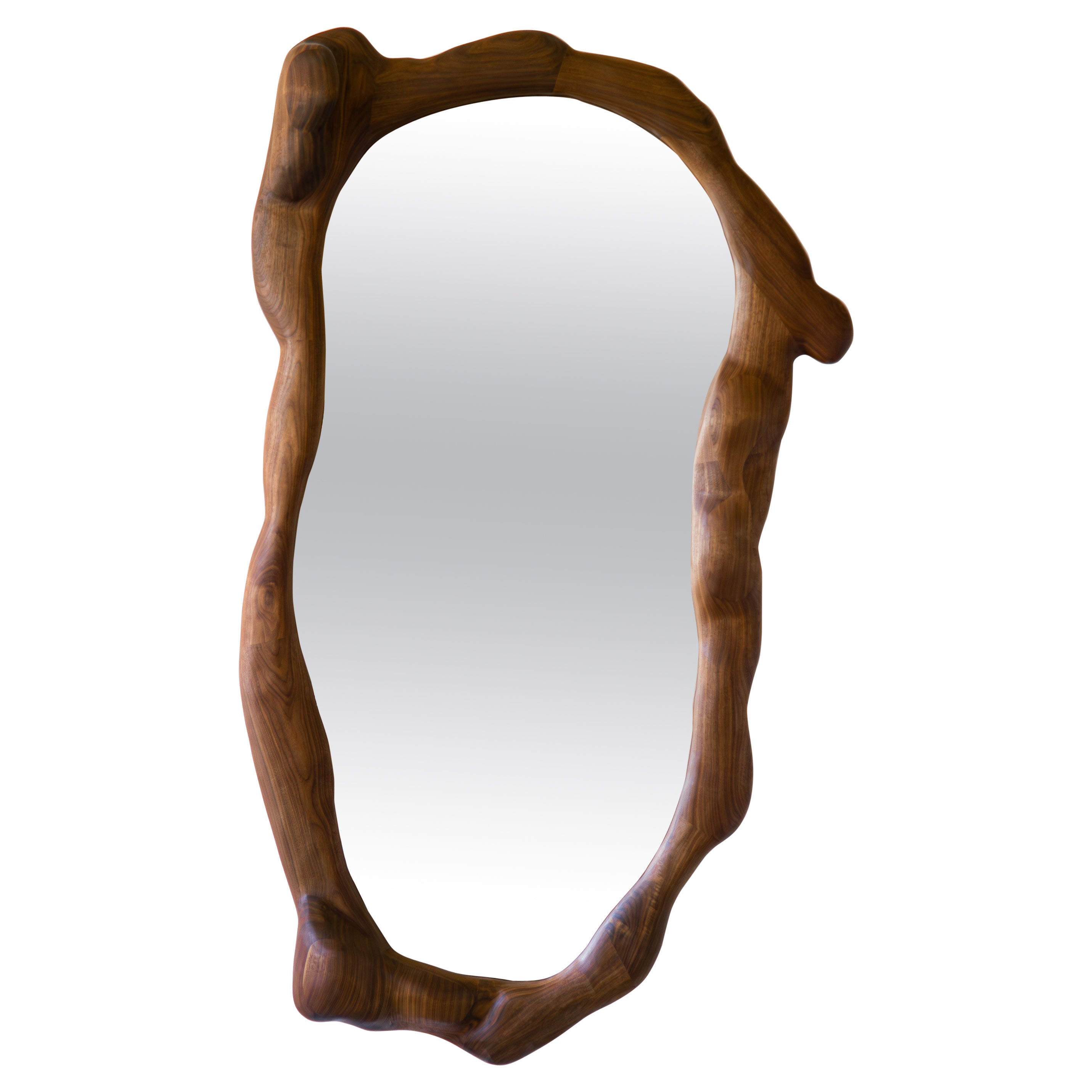 Big Sculptural Mirror in Walnut Wood For Sale