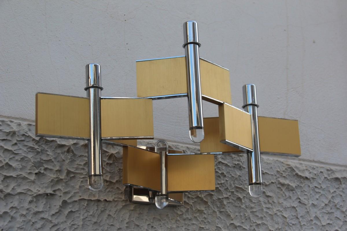Grandes appliques sculpturales italiennes Sciolari en aluminium et acier Minimal italiennes 1970 or et argent en vente 12