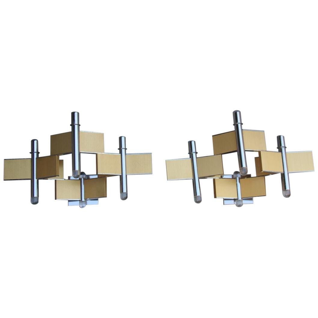 Grandes appliques sculpturales italiennes Sciolari en aluminium et acier Minimal italiennes 1970 or et argent en vente