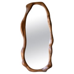Big Sculptural Wavy Mirror in Walnut Wood