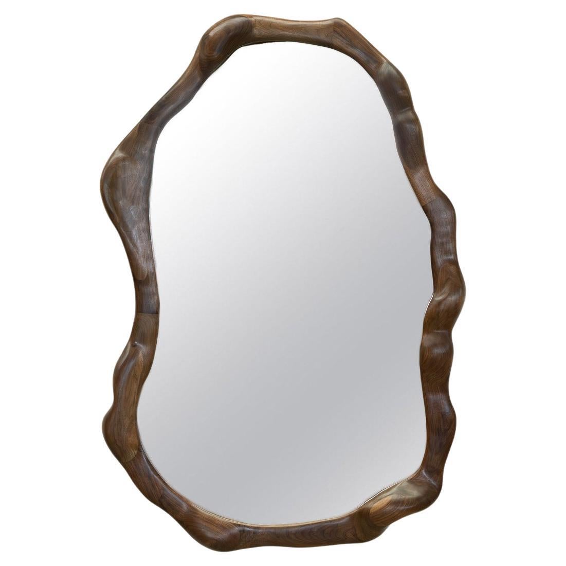 Big Sculptural Wavy Mirror in Walnut Wood