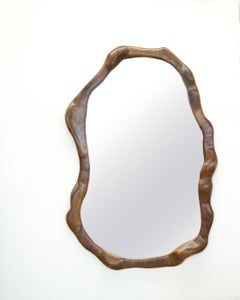 Big Sculptural Wavy Mirror in Walnut Wood