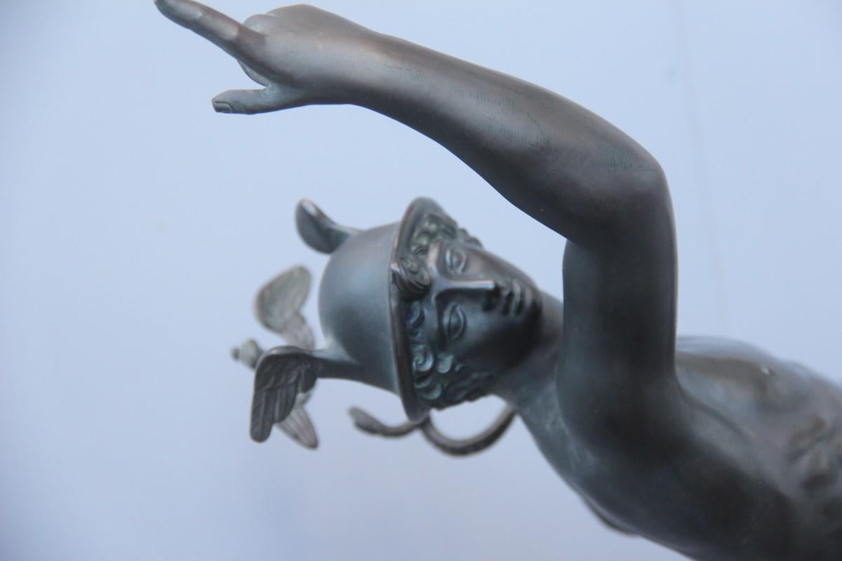 Italian Big Sculpture Mercurio di Gianbologna 1930 Metal Marble Black Sephyrus Art Deco