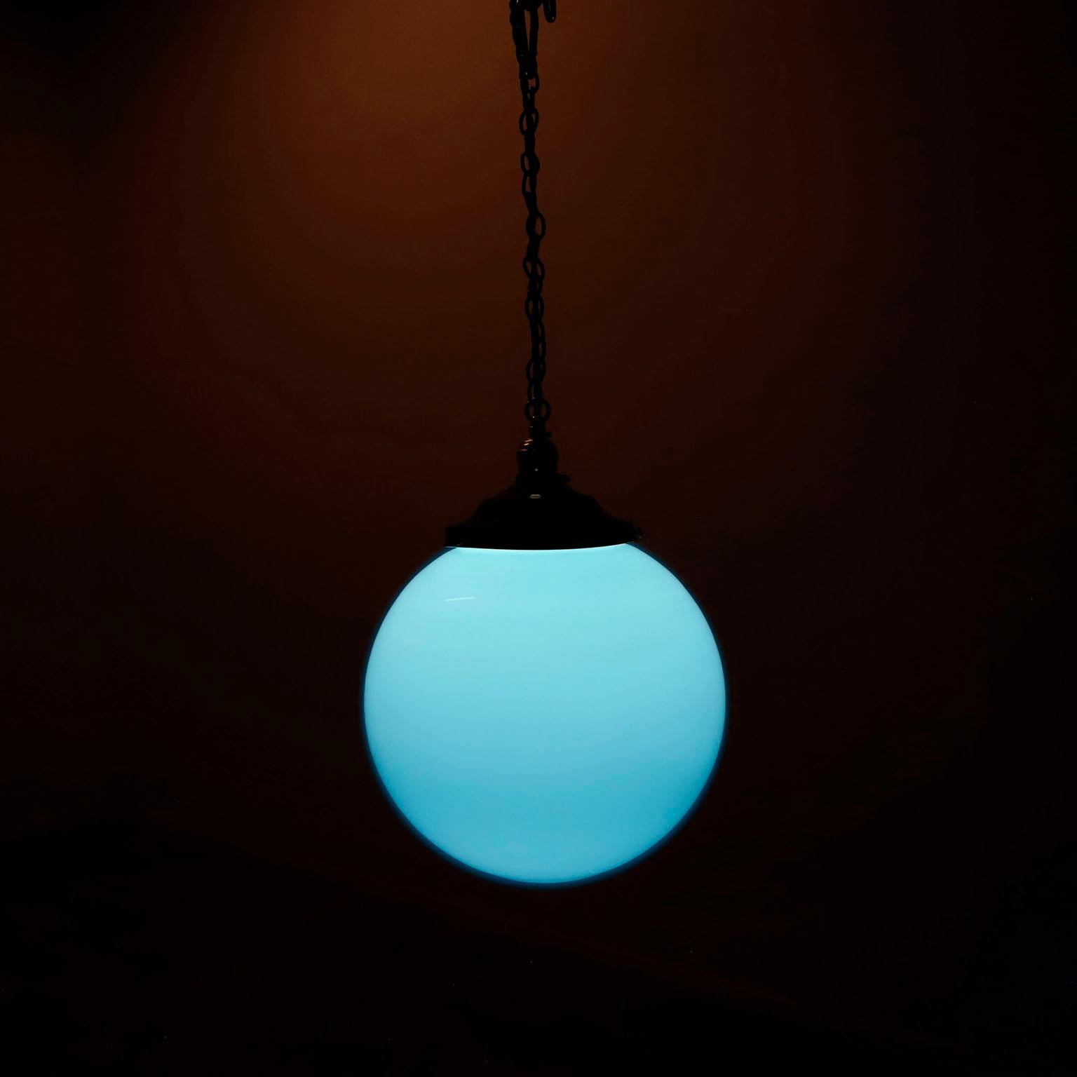 Mexican Big Size Art Deco Blue Milk Glass Pendant Light For Sale