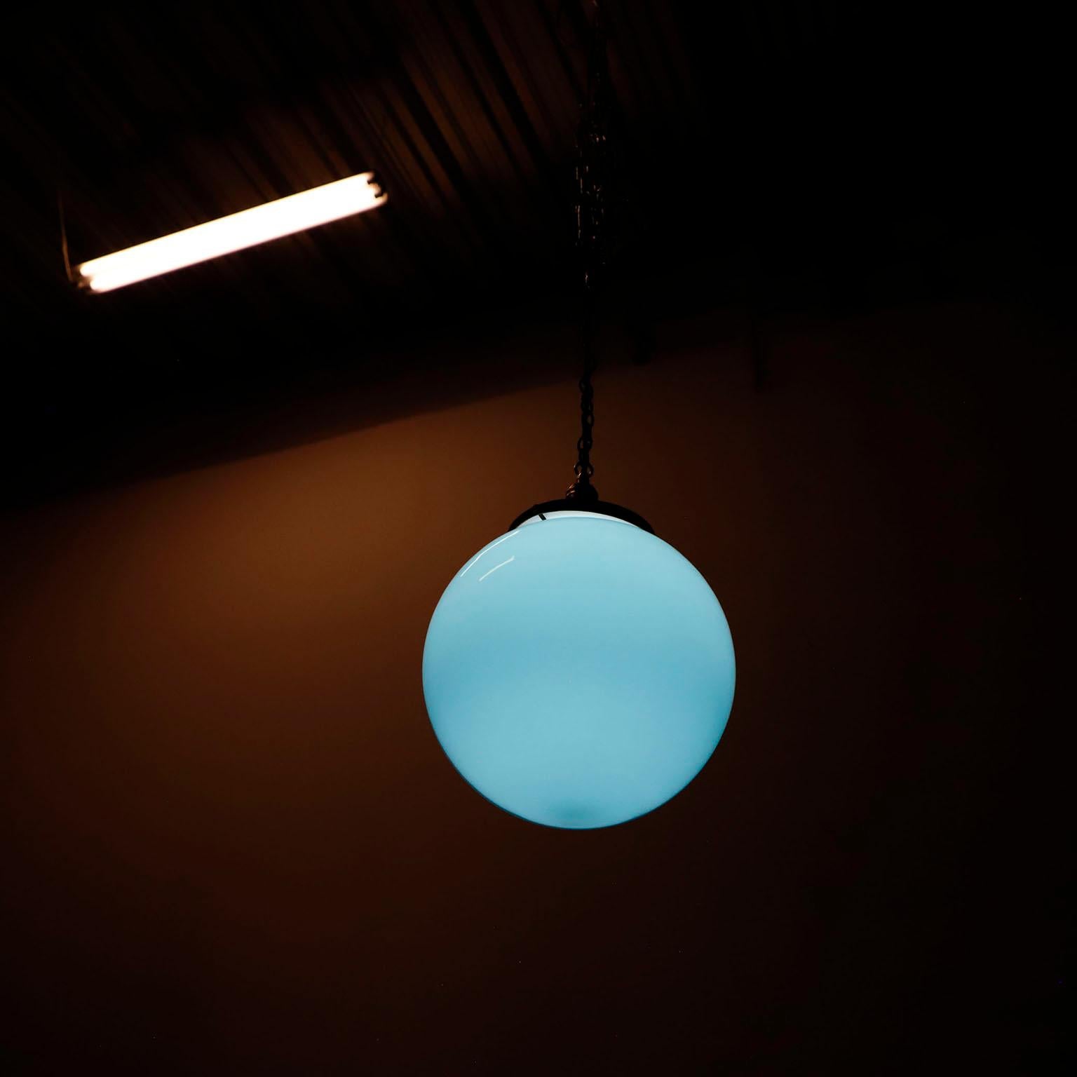Big Size Art Deco Blue Milk Glass Pendant Light In Good Condition For Sale In Mexico City, CDMX