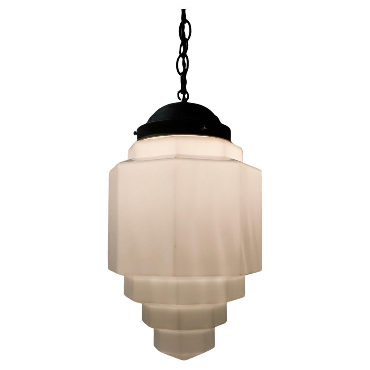 Big Size Art Deco Milk Glass Skyscraper Pendant Light