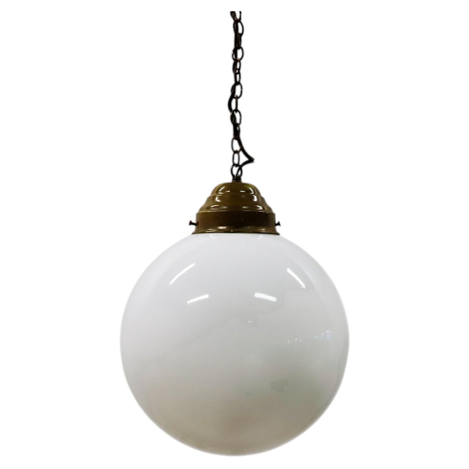 Big Size Art Deco Pendant Light · Milk Glass and Brass Circa 1940 For Sale