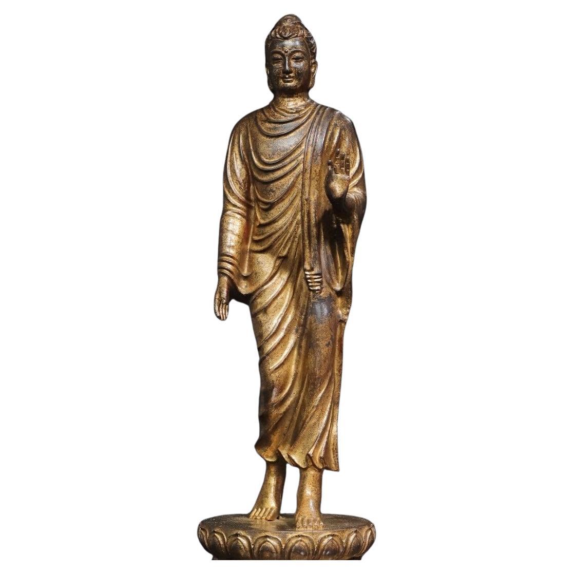 Big Size Asian Gilt Bronze Standing Buddha Statue with One Palm Forward For Sale