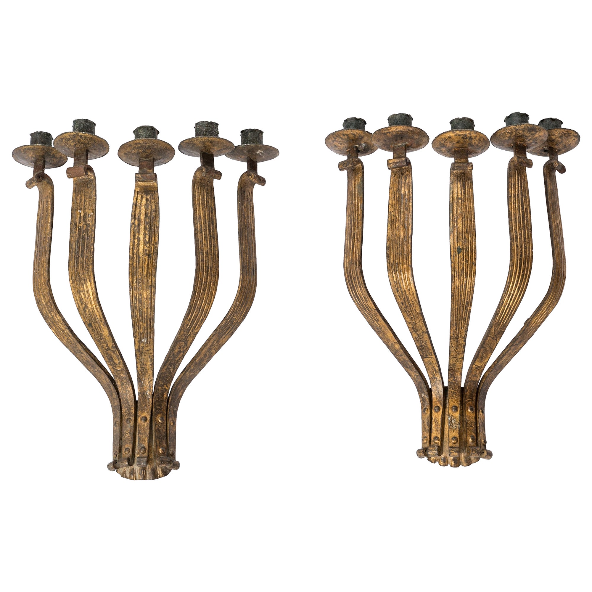 Big Size Gold Leaf Patina Wall Lights in the style of Ramsay - France 1940
s