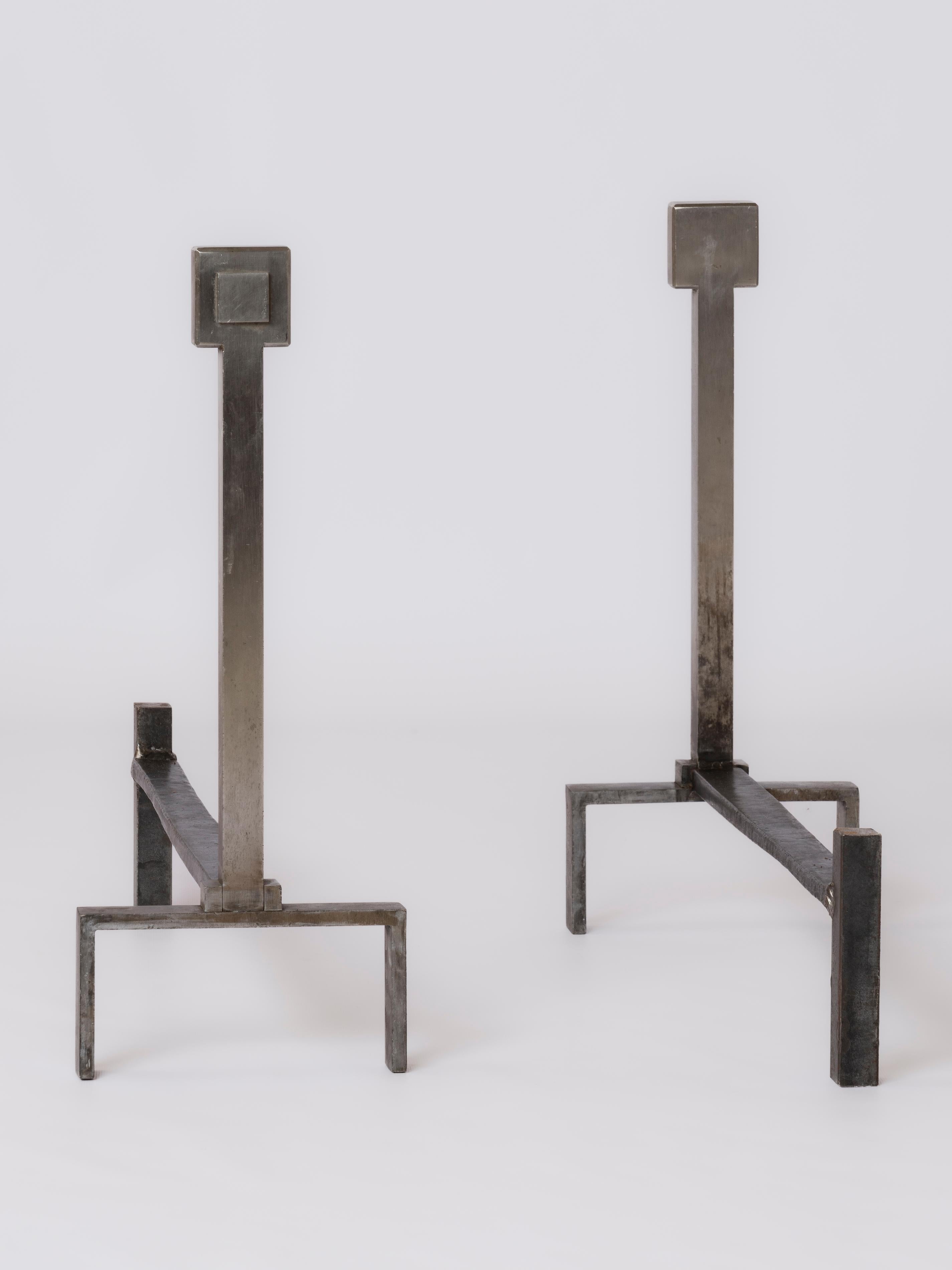 Late 20th Century Big Size Modernist Stainless Steel Andirons in the style of Adnet - France 1970s