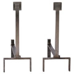 Big Size Modernist Stainless Steel Andirons in the style of Adnet - France 1970s