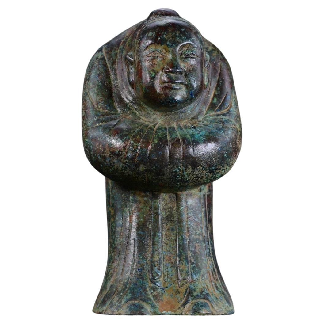 Big Size Old Chinese Bronze Standing Covering Hands Man Statue