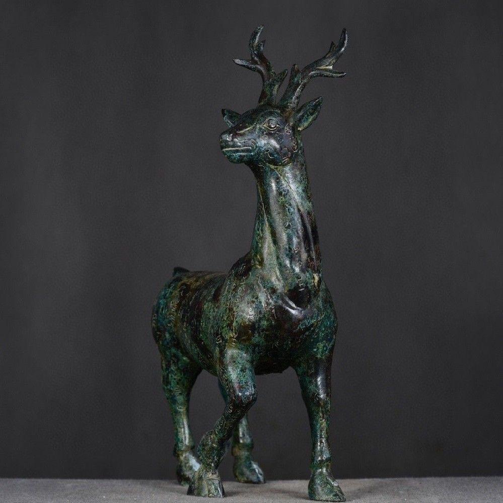 38cm Big Size Old Chinese Bronze Standing Deer Statue With Full Body Characters For Sale 5