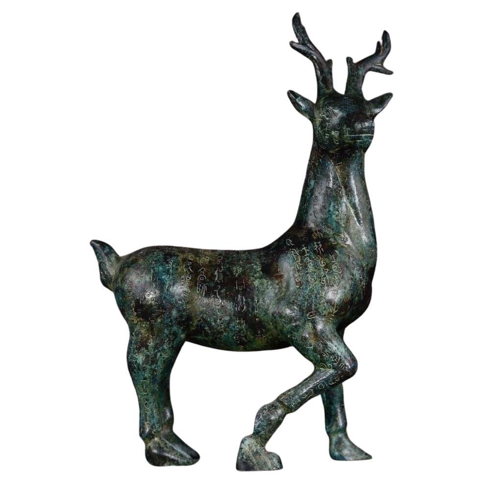 38cm Big Size Old Chinese Bronze Standing Deer Statue With Full Body Characters For Sale