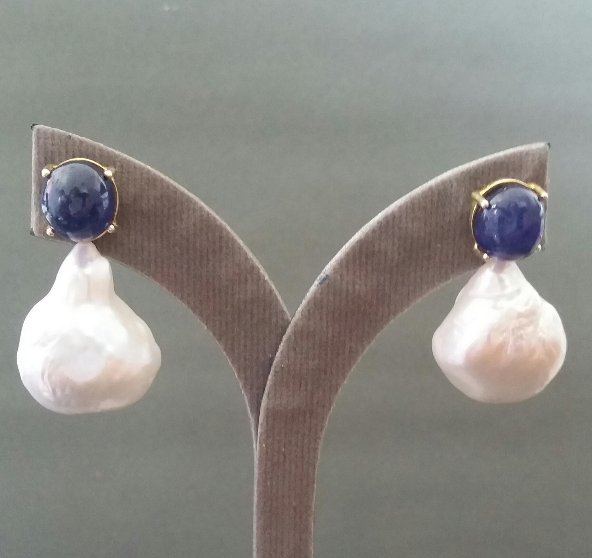 Big Size Pear Baroque Pearls Oval Blue Sapphires Cabochons Yellow Gold Earrings For Sale 3