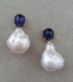 Big Size Pear Baroque Pearls Oval Blue Sapphires Cabochons Yellow Gold Earrings