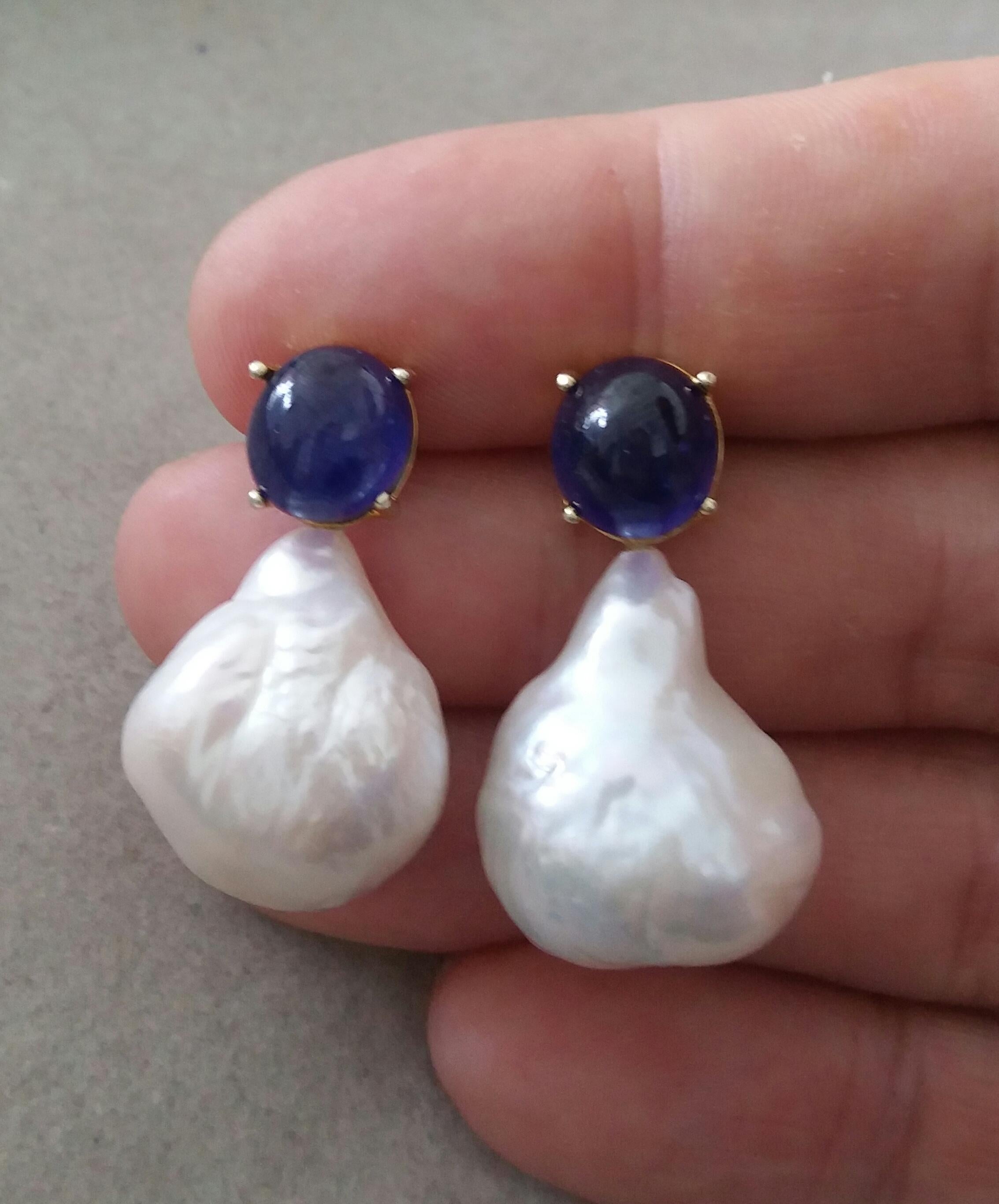 Oval Cut Big Size Pear Baroque Pearls Oval Blue Sapphires Cabochons Yellow Gold Earrings For Sale