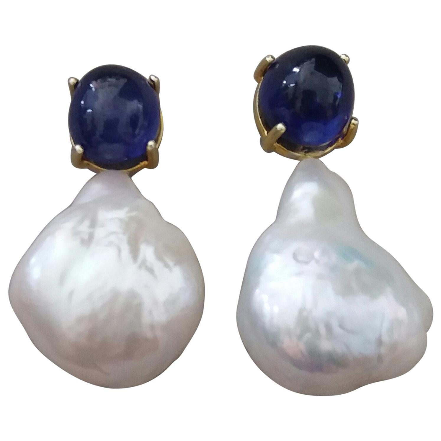 Big Size Pear Baroque Pearls Oval Blue Sapphires Cabochons Yellow Gold Earrings