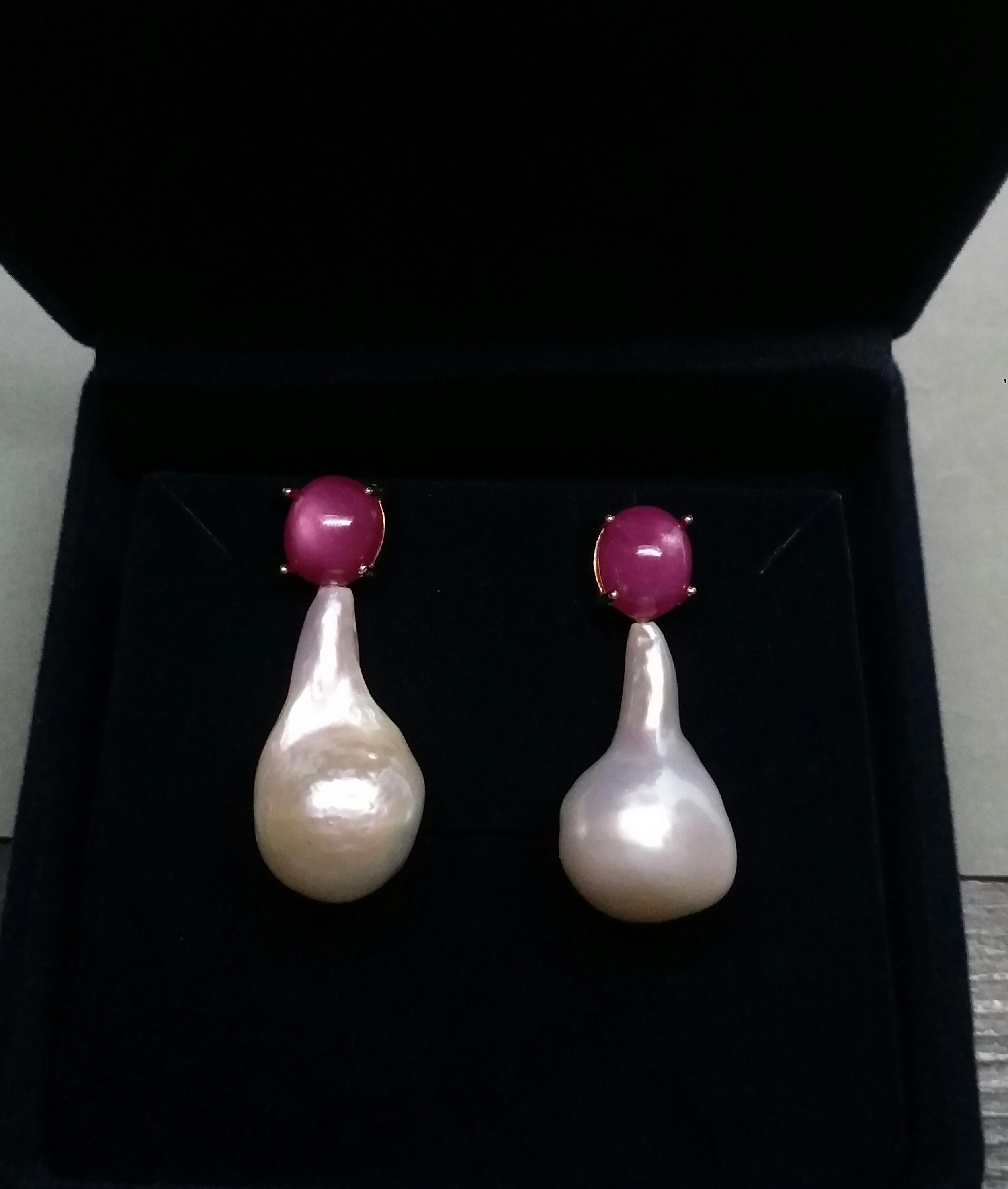 Big Size Pear Shape Baroque Pearls Oval Ruby Cabochon 14 Karat Gold Earrings For Sale 4