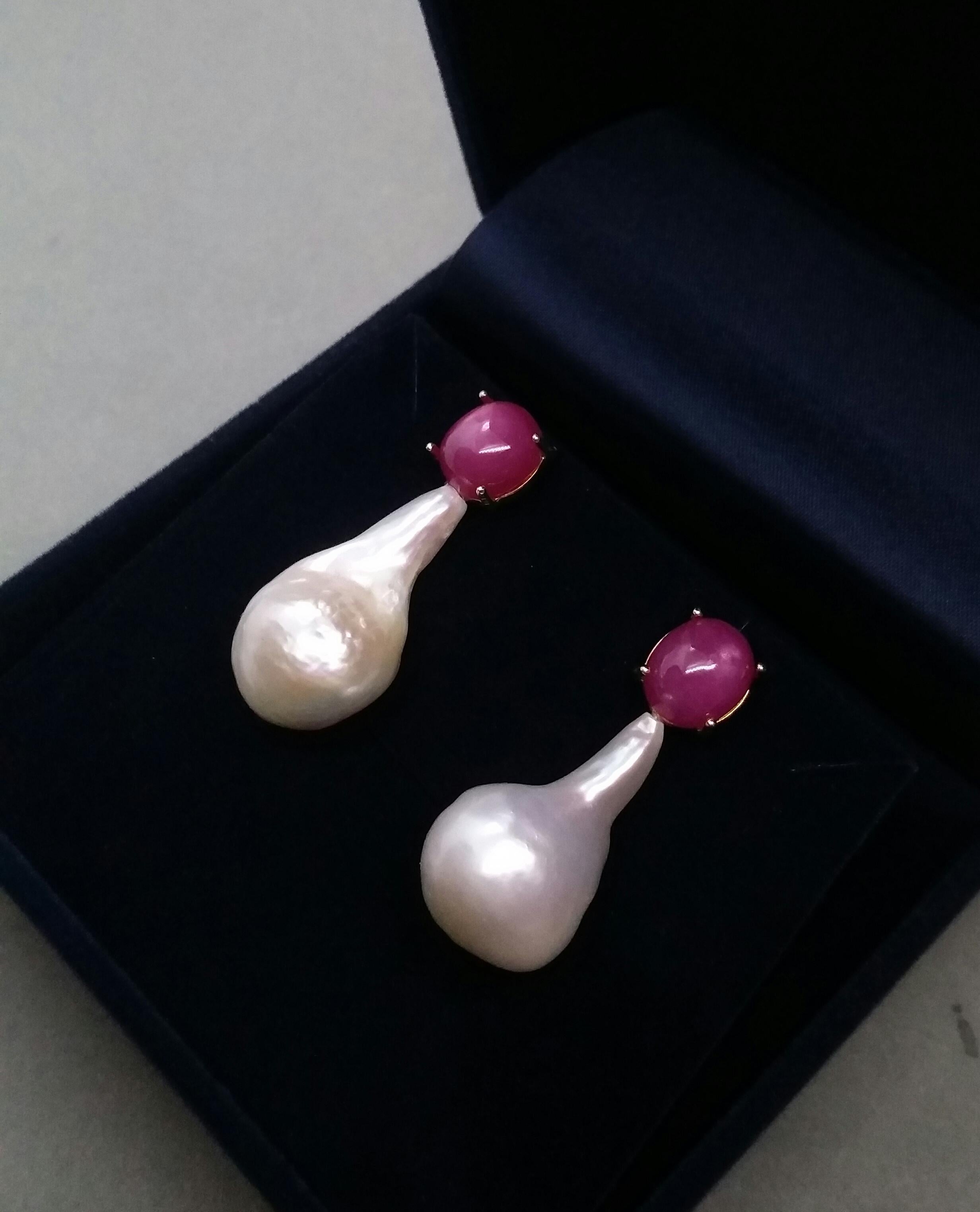 Big Size Pear Shape Baroque Pearls Oval Ruby Cabochon 14 Karat Gold Earrings For Sale 5