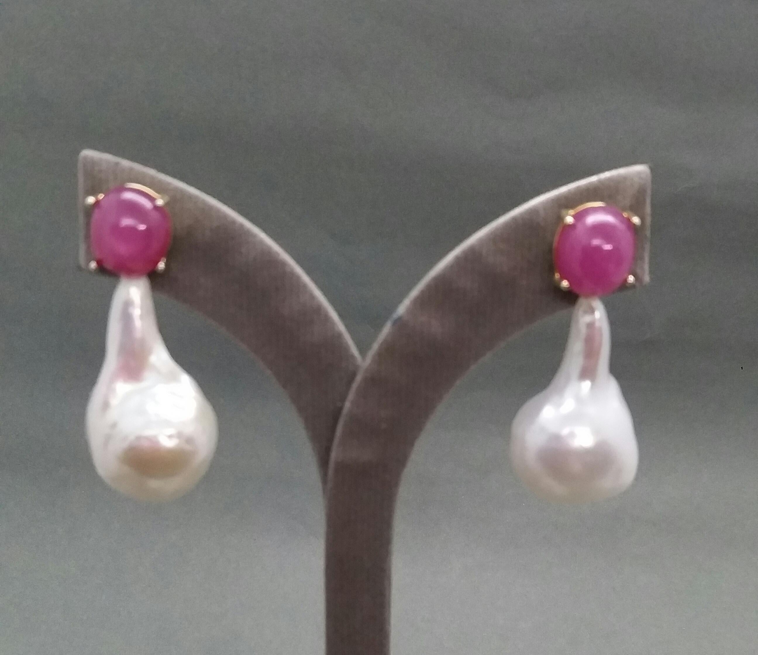 Big Size Pear Shape Baroque Pearls Oval Ruby Cabochon 14 Karat Gold Earrings For Sale 6