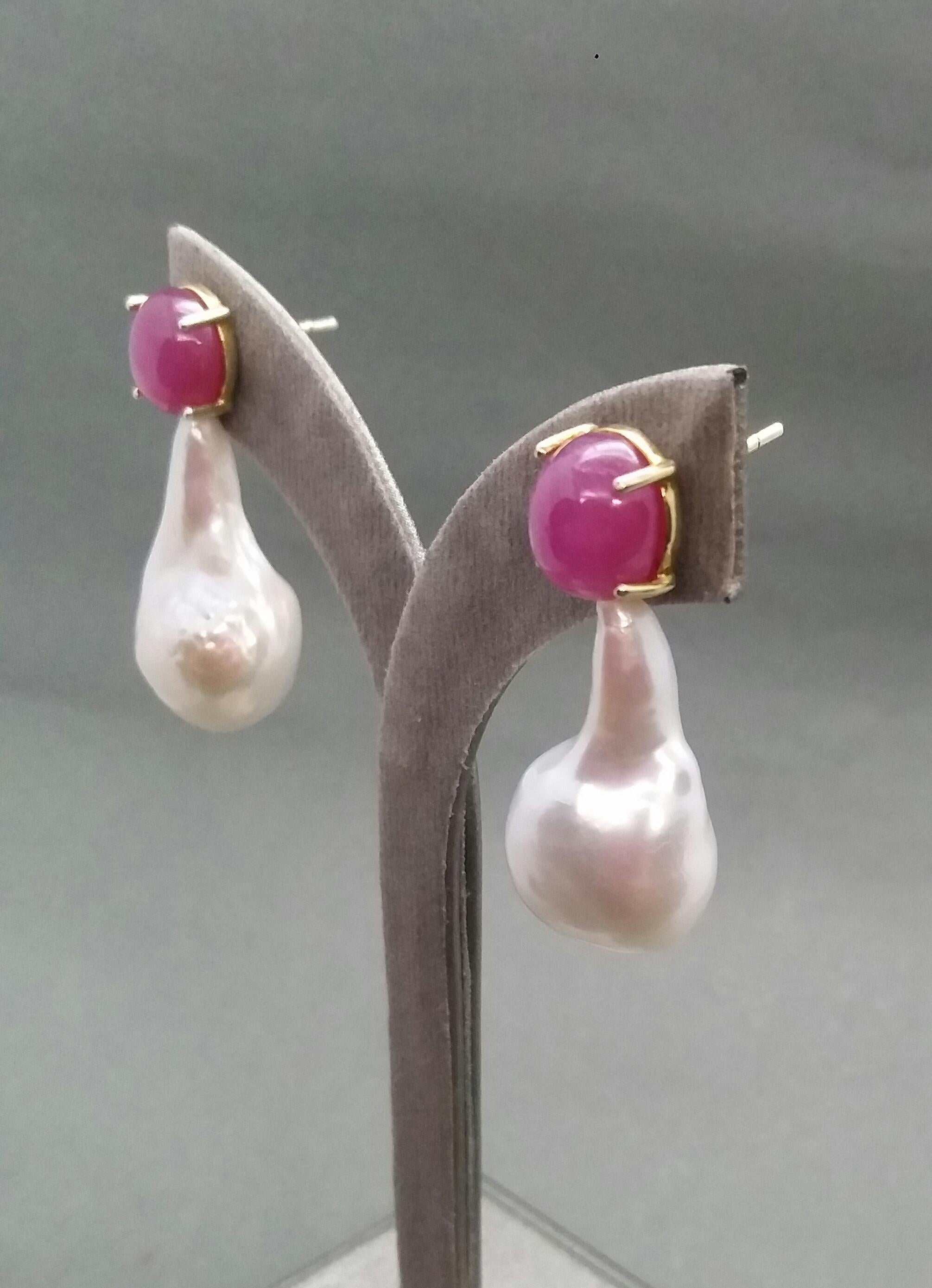 Big Size Pear Shape Baroque Pearls Oval Ruby Cabochon 14 Karat Gold Earrings For Sale 7