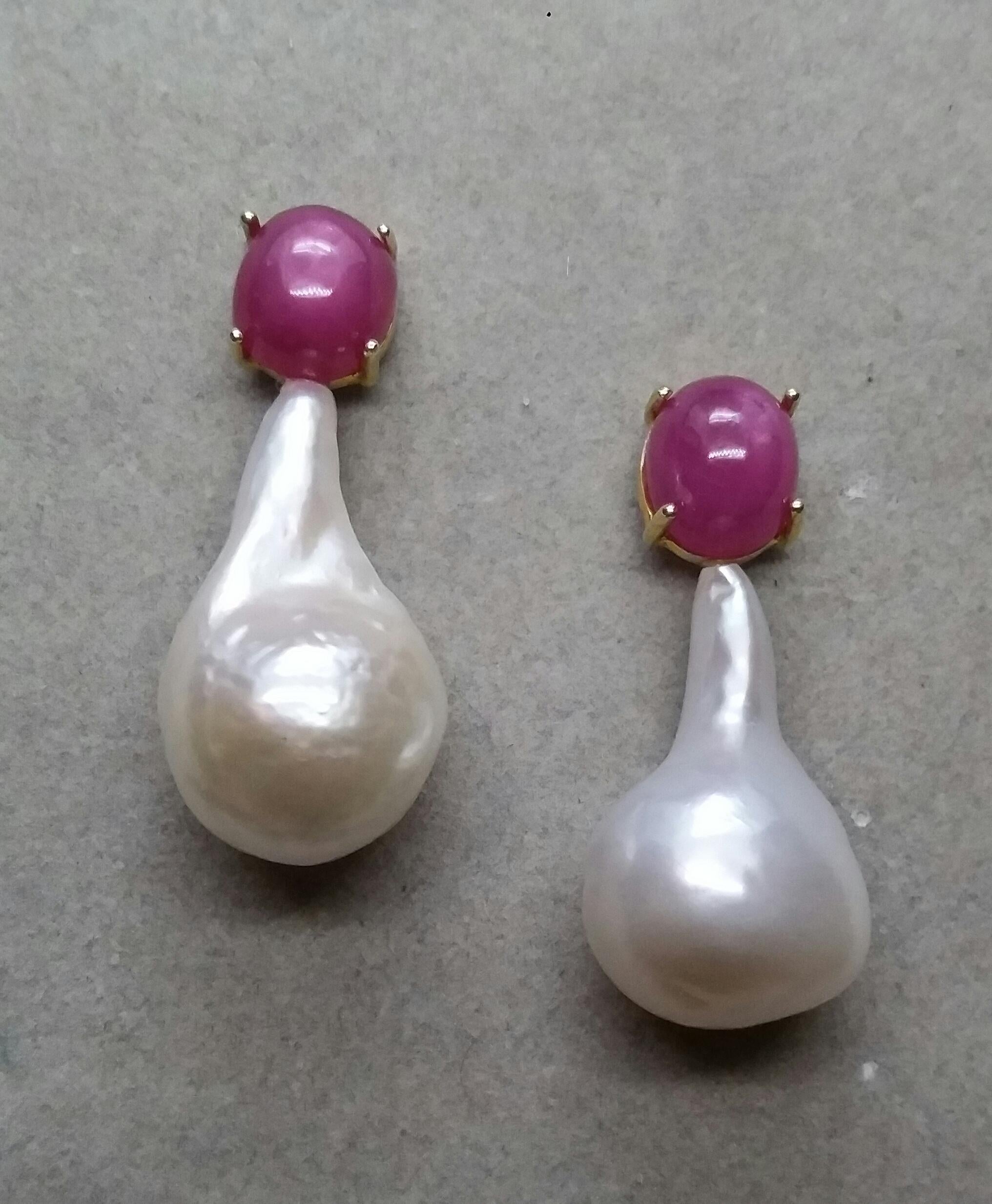 Contemporary Big Size Pear Shape Baroque Pearls Oval Ruby Cabochon 14 Karat Gold Earrings For Sale