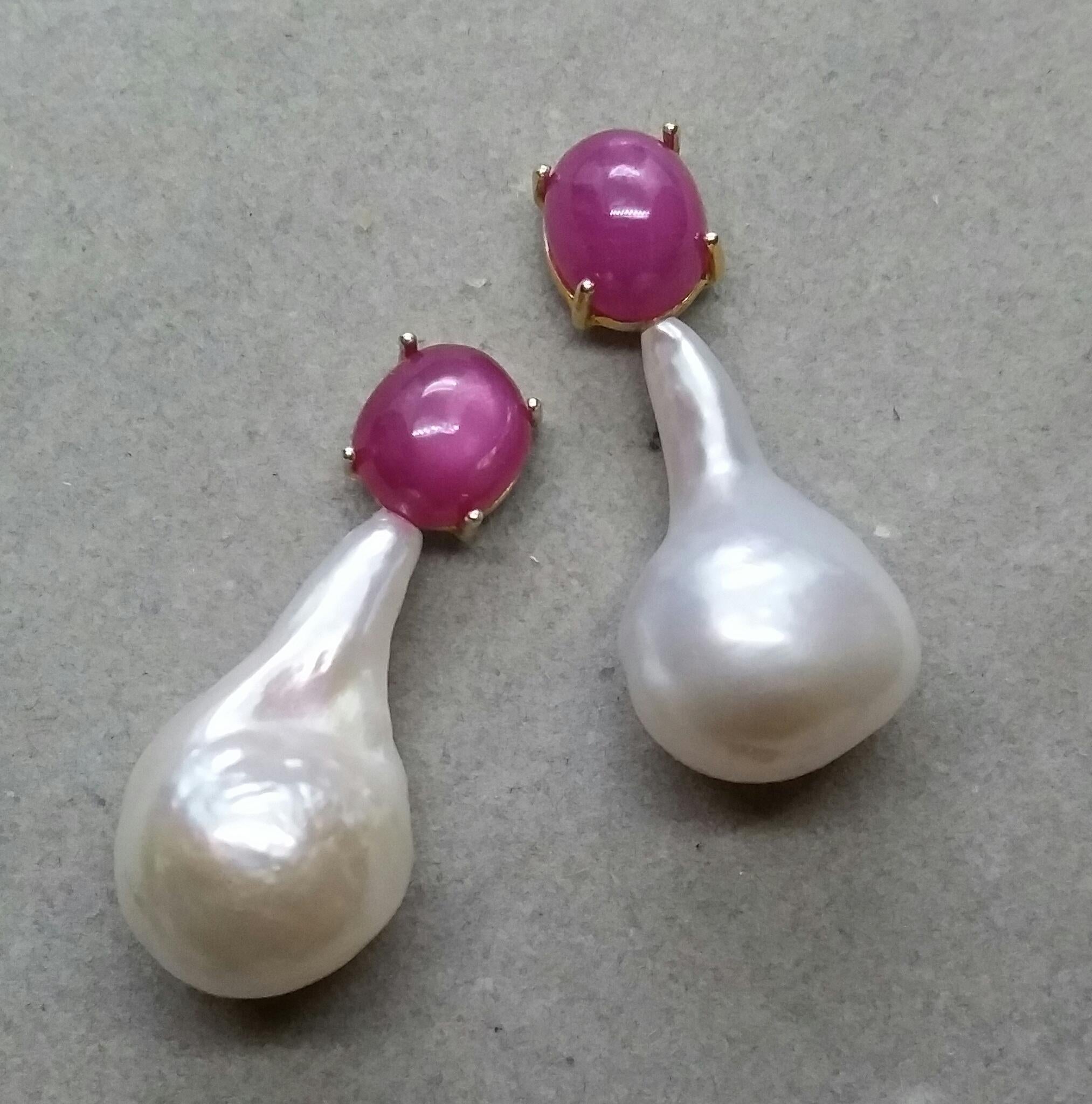 Oval Cut Big Size Pear Shape Baroque Pearls Oval Ruby Cabochon 14 Karat Gold Earrings For Sale