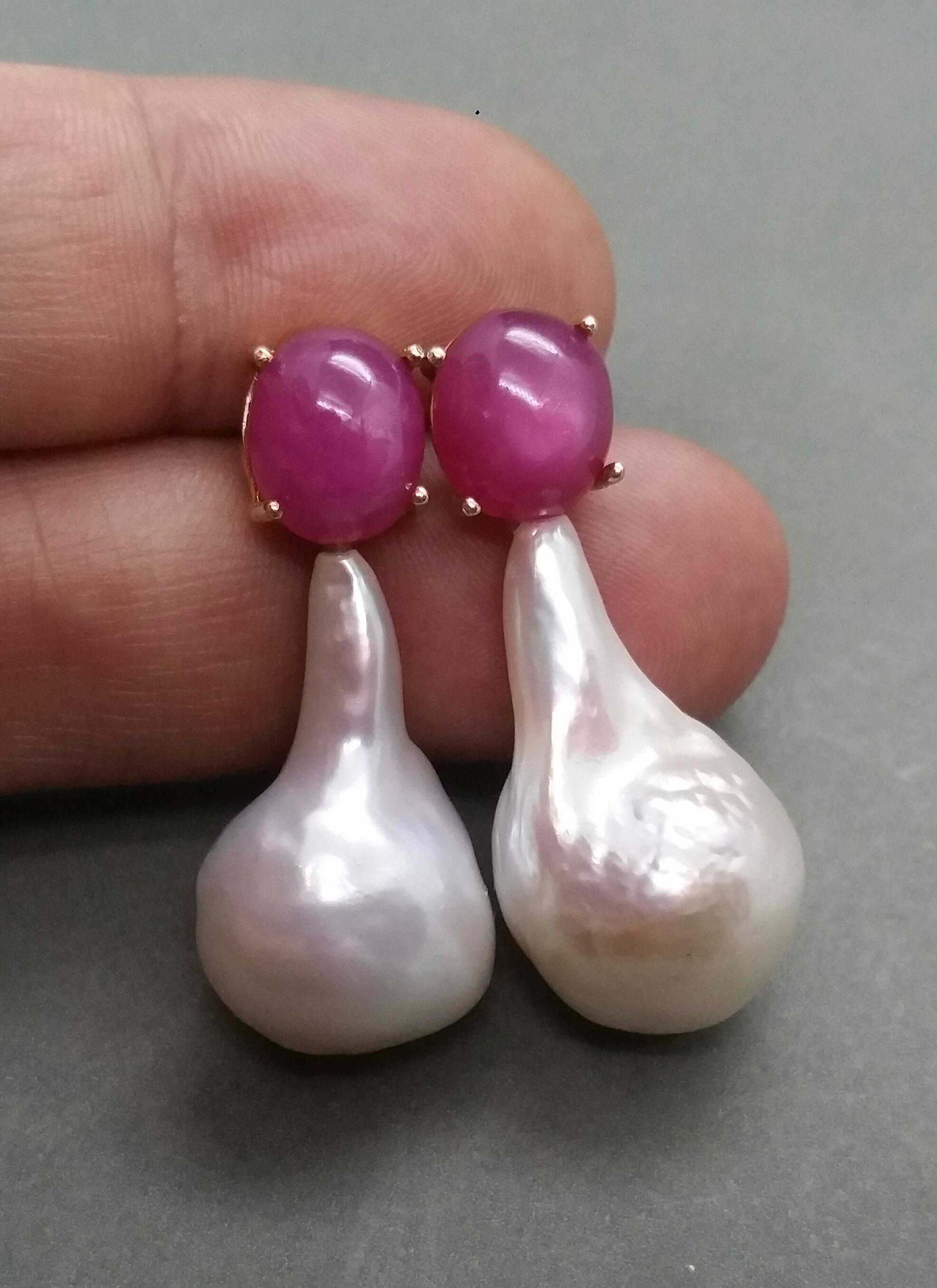 Women's Big Size Pear Shape Baroque Pearls Oval Ruby Cabochon 14 Karat Gold Earrings For Sale