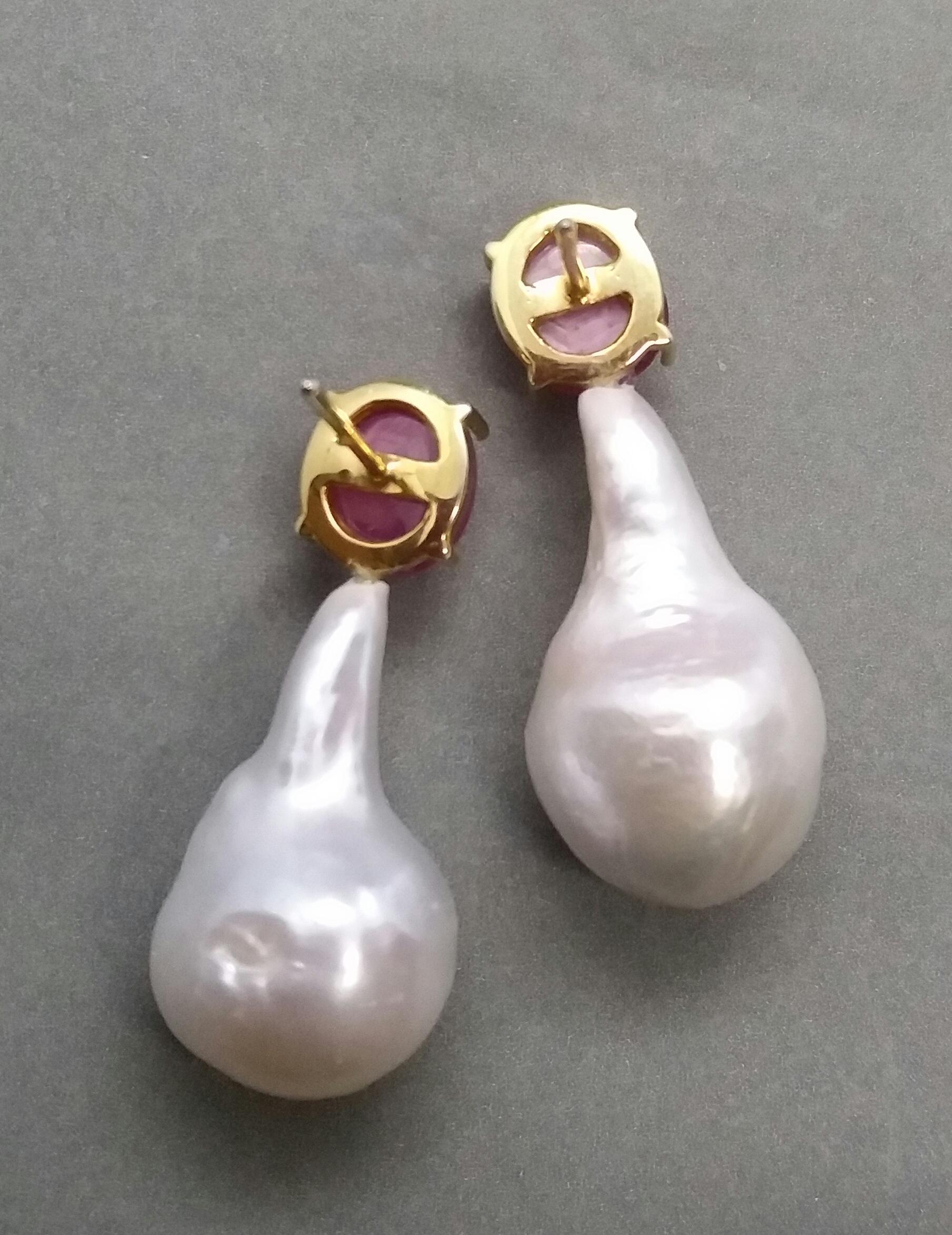 Big Size Pear Shape Baroque Pearls Oval Ruby Cabochon 14 Karat Gold Earrings For Sale 1