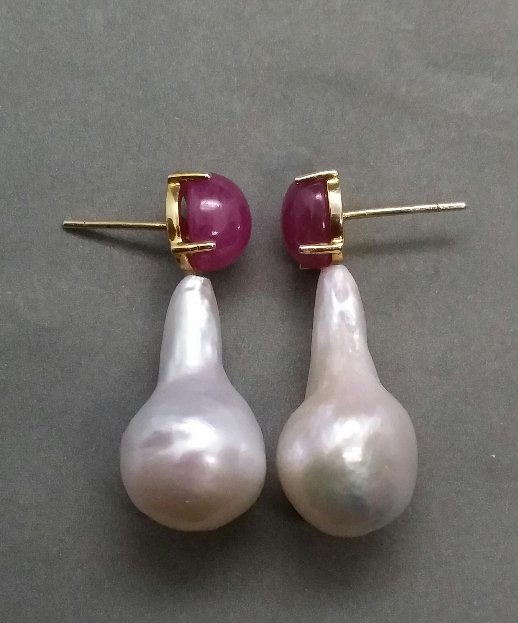 Big Size Pear Shape Baroque Pearls Oval Ruby Cabochon 14 Karat Gold Earrings For Sale 2