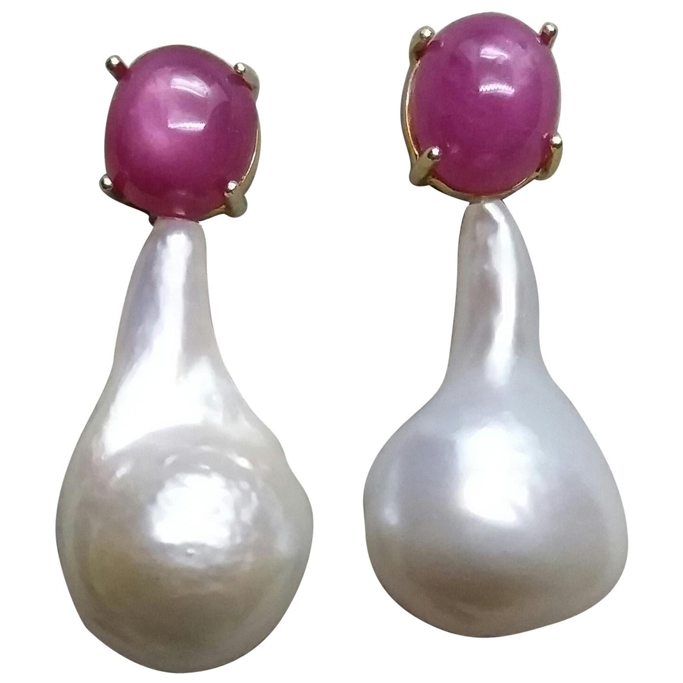 Big Size Pear Shape Baroque Pearls Oval Ruby Cabochon 14 Karat Gold Earrings For Sale