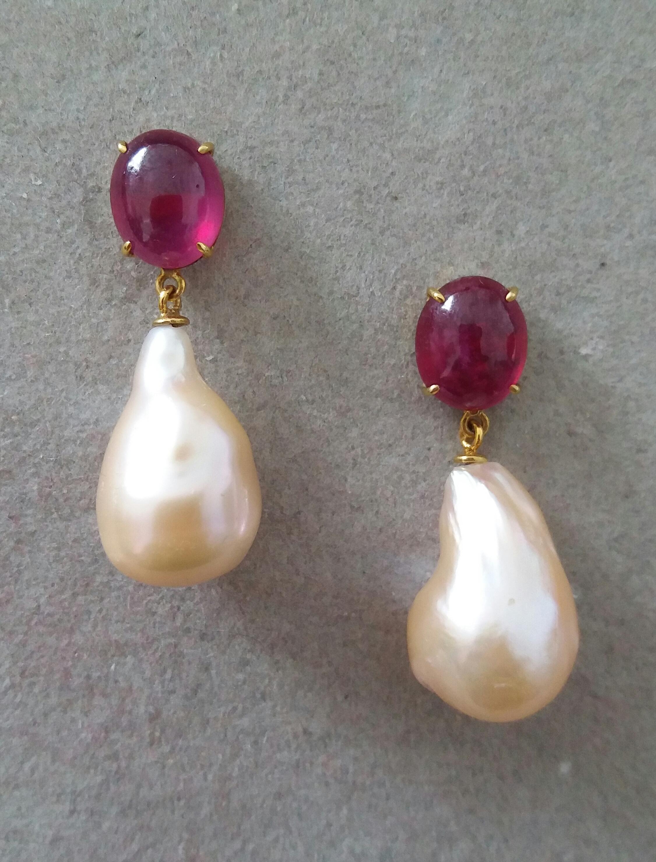 Big Size Pear Shape Cream Color Pearls Oval Ruby Cabochon 14 Karat Gold Earrings 2