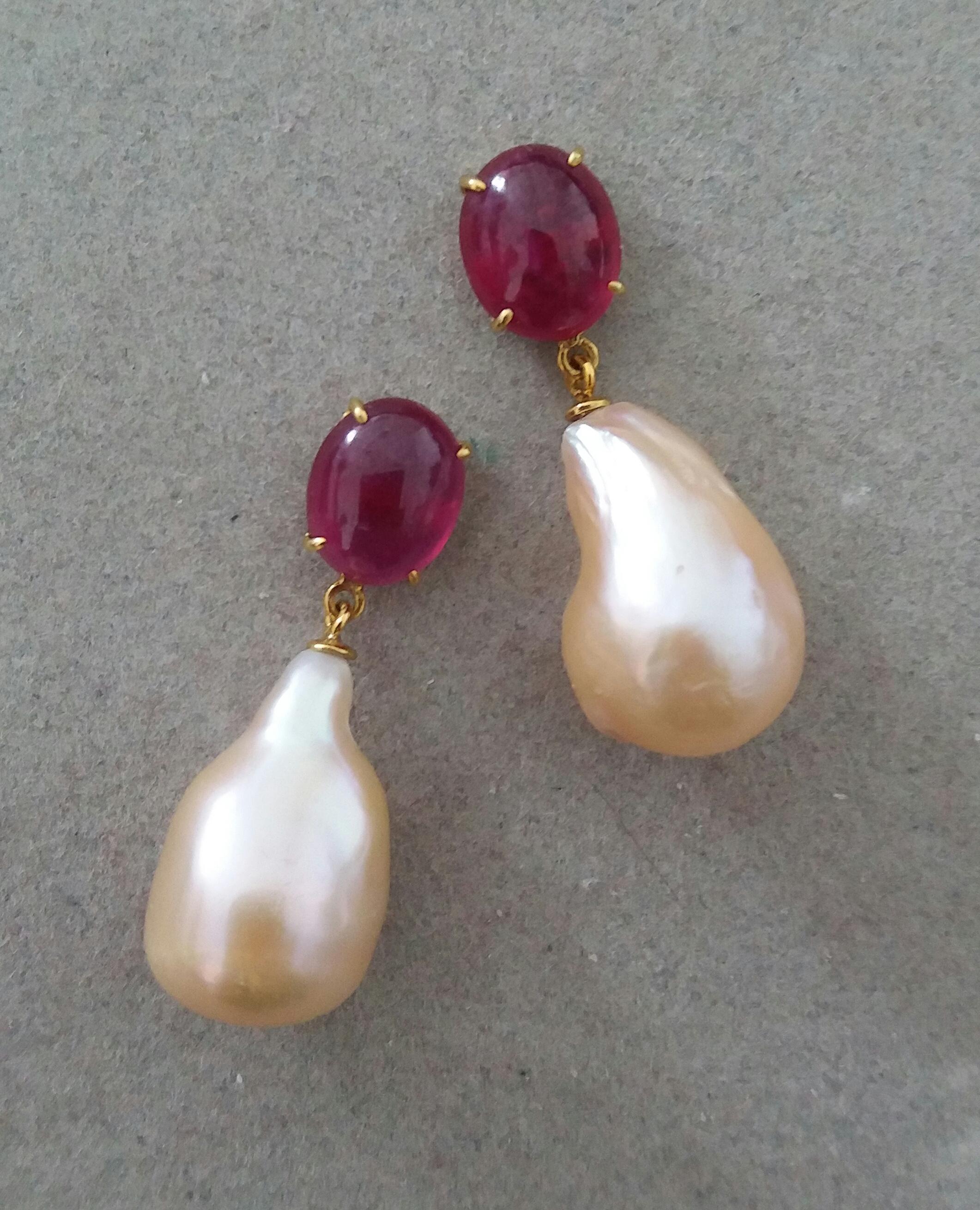 Big Size Pear Shape Cream Color Pearls Oval Ruby Cabochon 14 Karat Gold Earrings 3