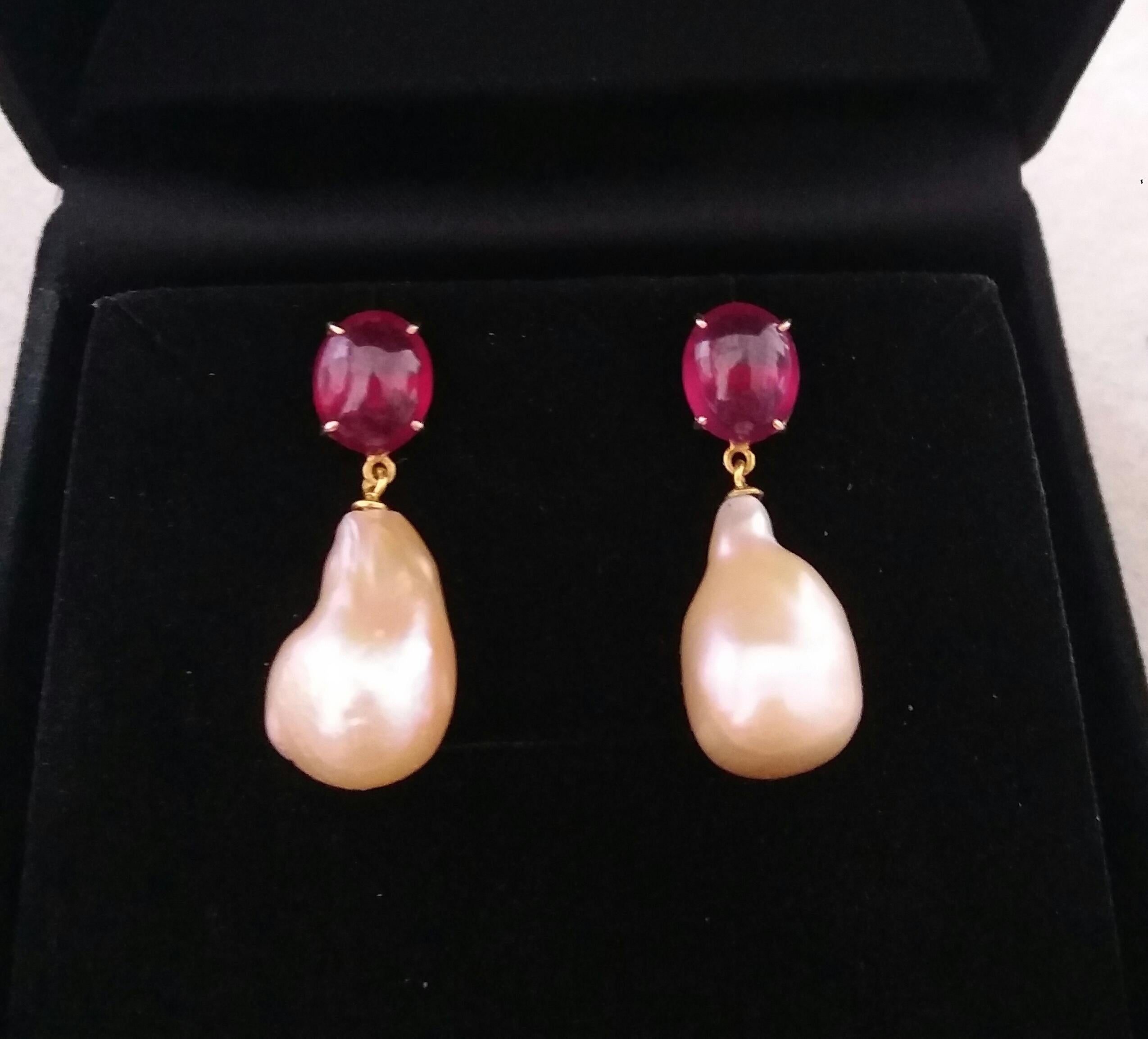 Oval Cut Big Size Pear Shape Cream Color Pearls Oval Ruby Cabochon 14 Karat Gold Earrings For Sale