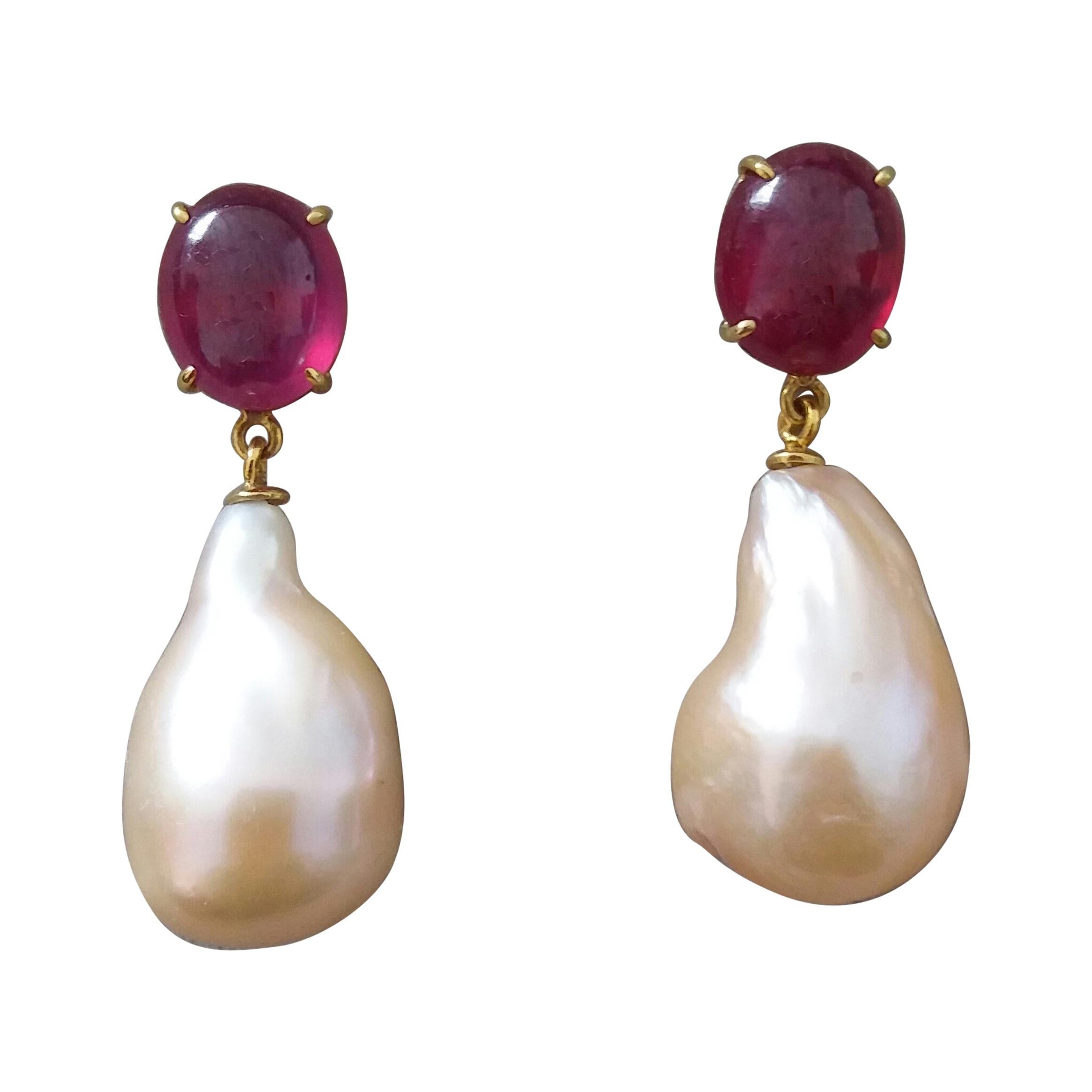 Big Size Pear Shape Cream Color Pearls Oval Ruby Cabochon 14 Karat Gold Earrings For Sale