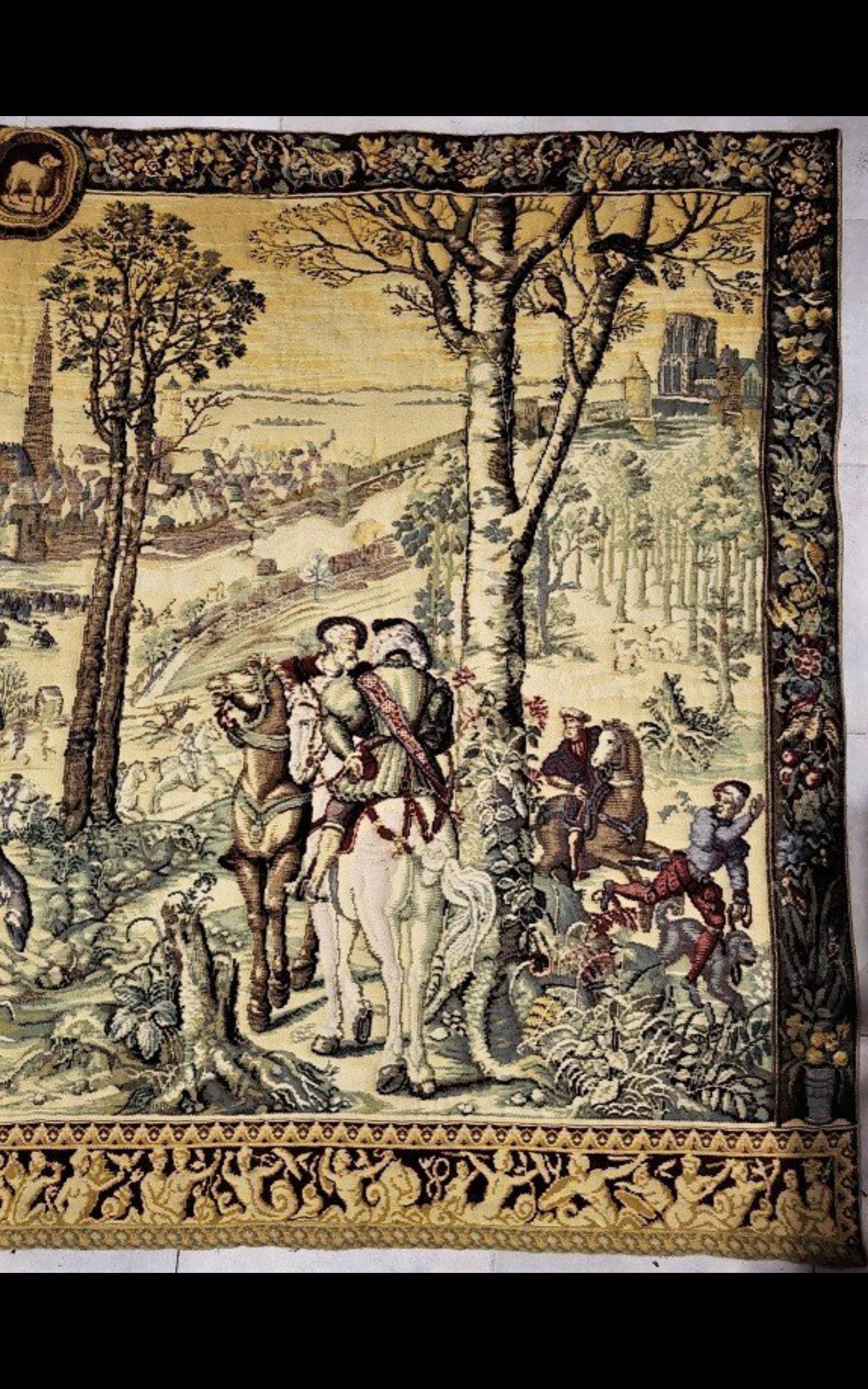 Wool Big Size Royal Hunt Scene Tapestry, France 19th Century