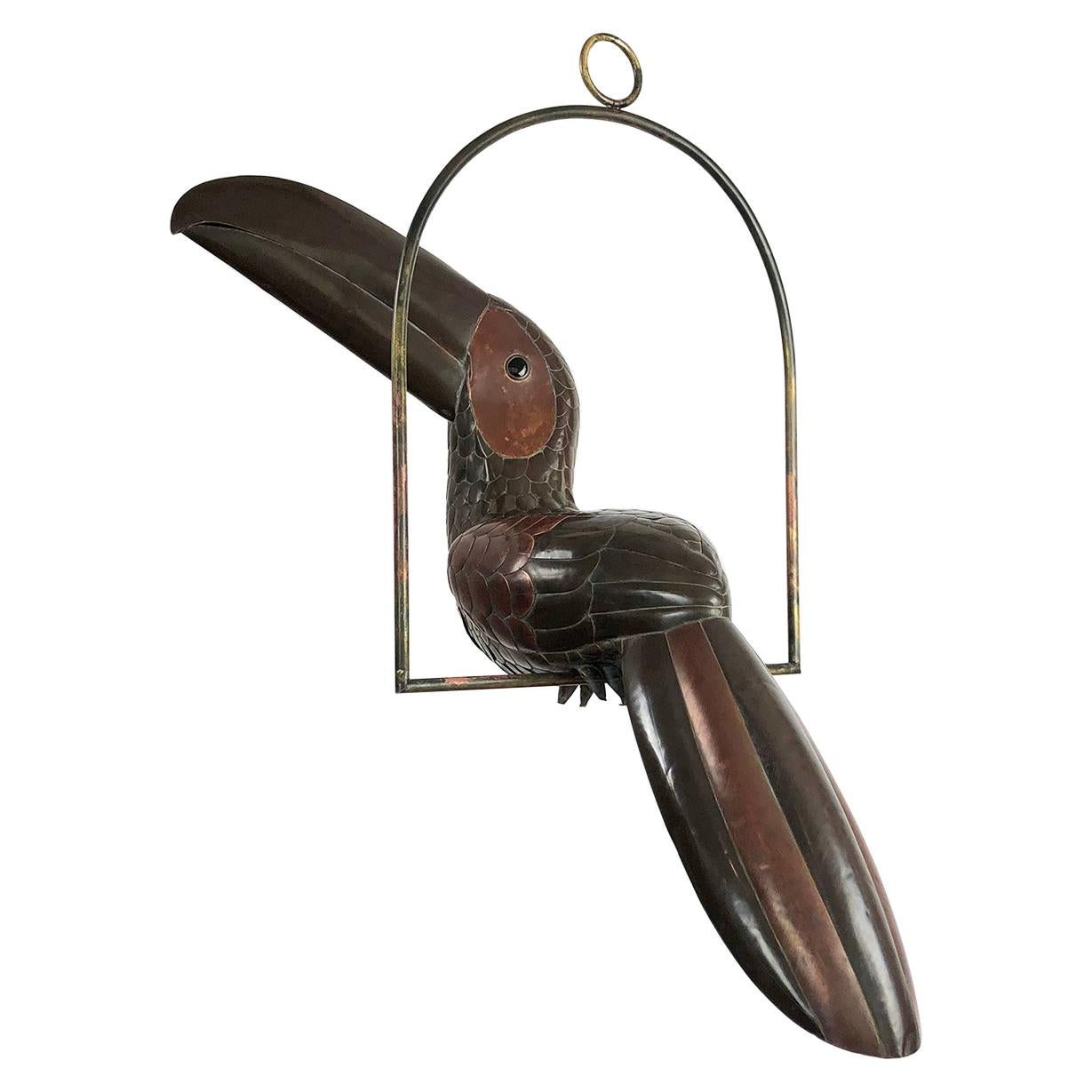 Big Size Sergio Bustamante Sculpture of Toucan on Hanging Perch