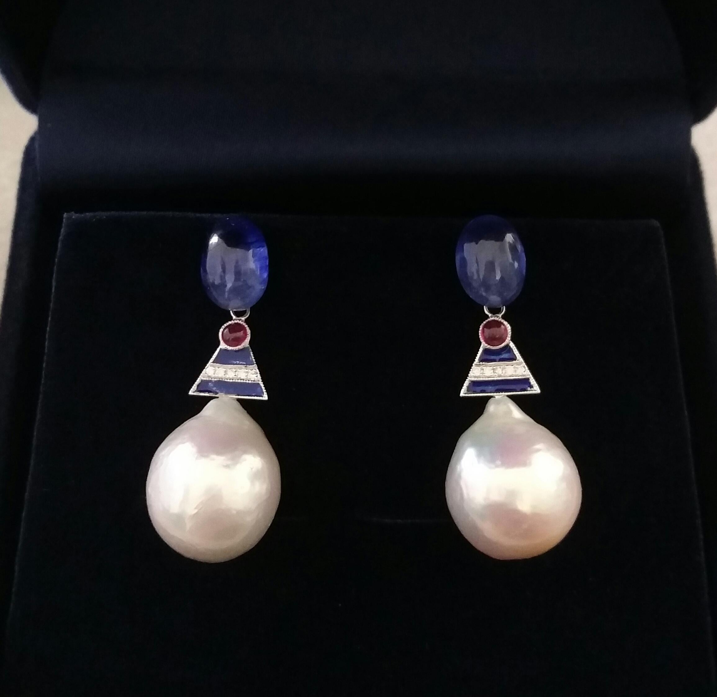 Big Size White Baroque Pearls Gold Diamonds Blue Sapphire Rubies Enamel Earrings For Sale 4