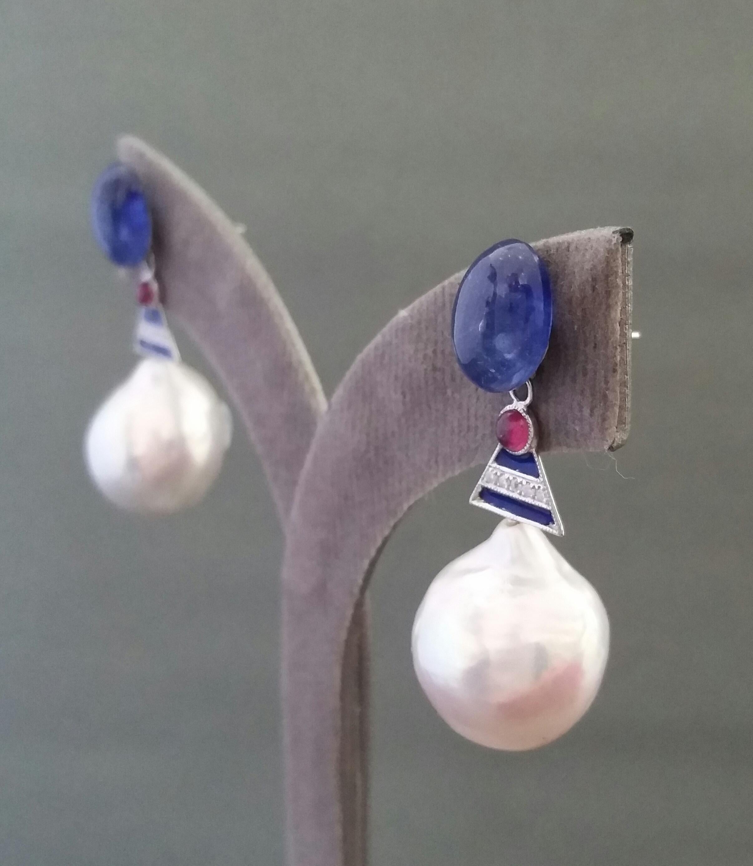 Big Size White Baroque Pearls Gold Diamonds Blue Sapphire Rubies Enamel Earrings 6